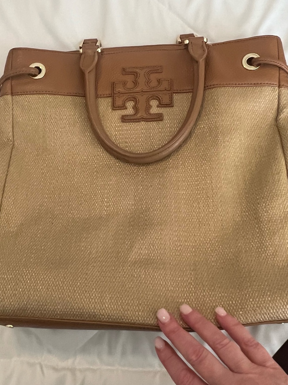 Tory Burch Tan Leather and Beige Canvas Tote . price is firm. - Picture 9 of 12